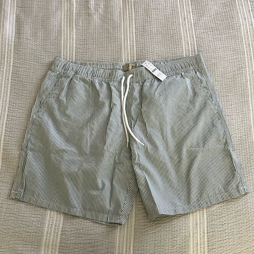 Men’s J Crew Turquoise White Seersucker Trunks Swim Shorts Size XL NWT
